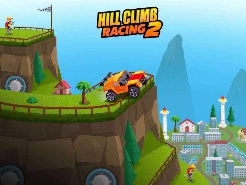 Hill Climb Racing 2 City ट्रैक पर कार चलाते हुए, पृष्ठभूमि में ऊंची इमारतें दिख रही हैं