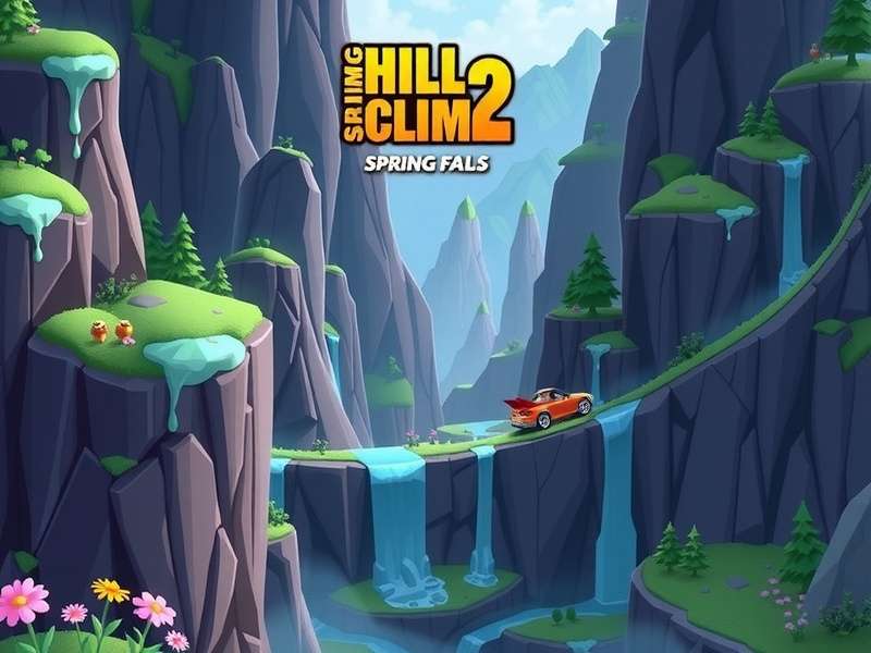 Hill Climb Racing 2 Spring Falls ट्रैक पर कार रेसिंग करते हुए