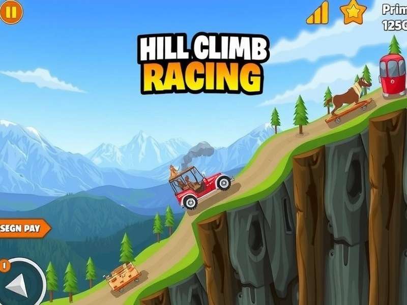 Hill Climb Racing 2 gameplay overview showing off-road vehicle on mountain track