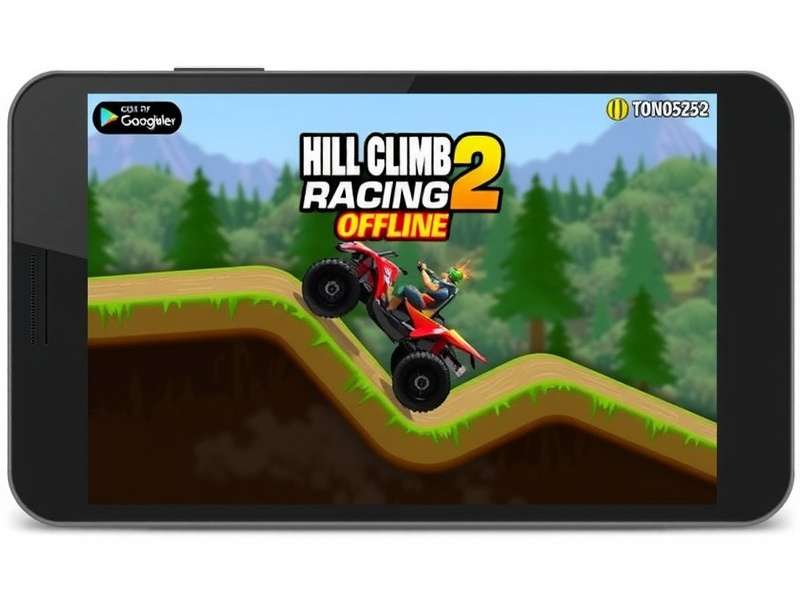Hill Climb Racing 2 offline gameplay showing vehicle on mountain track with no internet icon