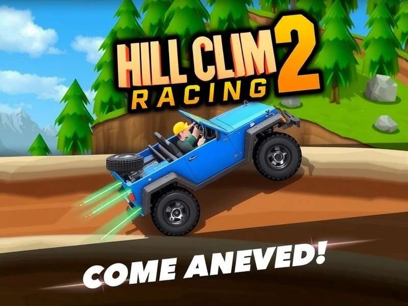 Hill Climb Racing 2 gameplay showcasing a jeep climbing a steep mountain trail with boost effects