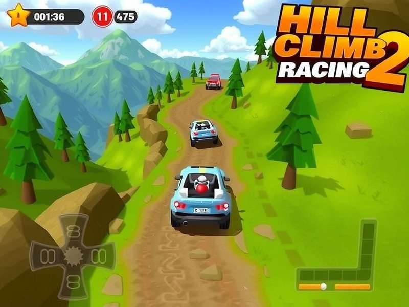 Hill Climb Racing 2 Online Free - Adventure Mode gameplay screenshot showing a rally car climbing a steep mountain slope with scenic background