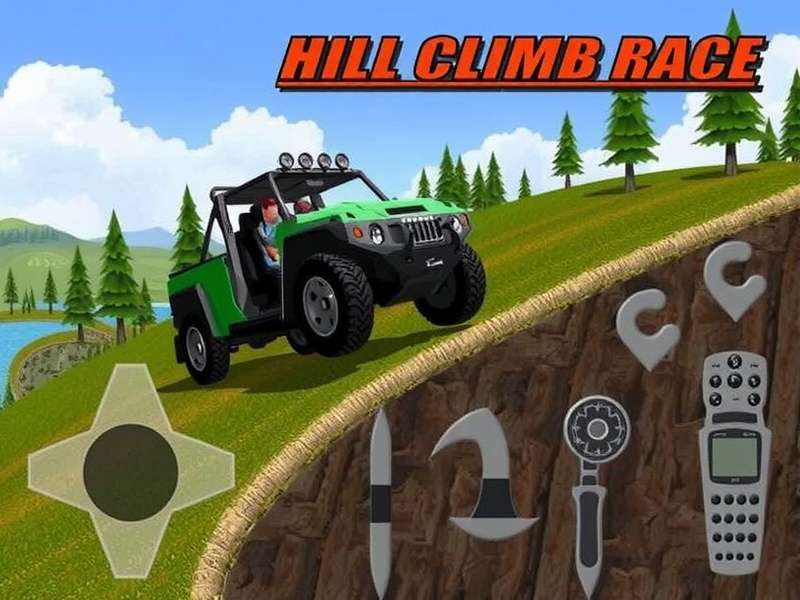 Hill Climb Racing 2 offroad vehicle climbing a steep hill on a scenic mountain trail